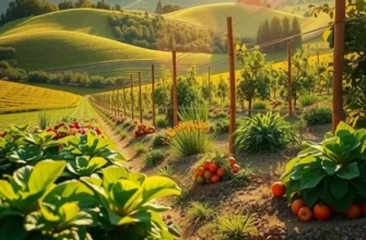 A beautiful landscape filled with vibrant fruits and vegetables, surrounded by lush green hills and soft lighting.