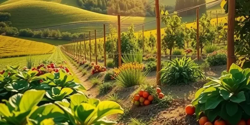 A beautiful landscape filled with vibrant fruits and vegetables, surrounded by lush green hills and soft lighting.