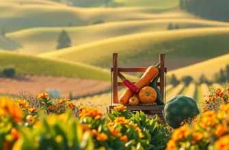 A serene landscape showcasing an orchard filled with fresh produce under warm sunlight.