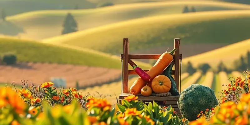 A serene landscape showcasing an orchard filled with fresh produce under warm sunlight.