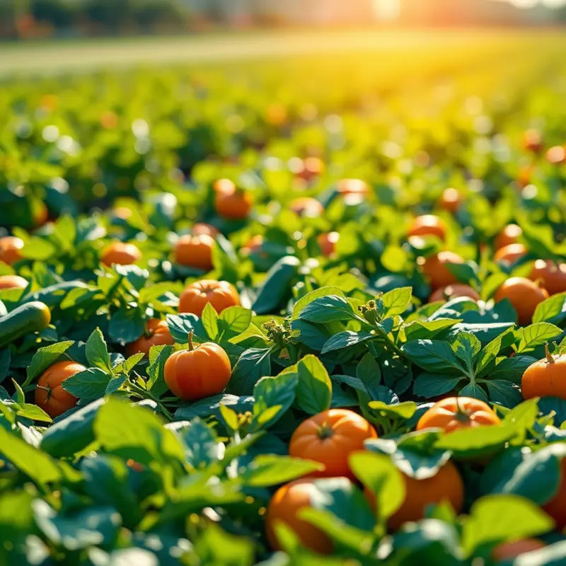 A sunlit field abundant with vibrant vegetables and fruits.