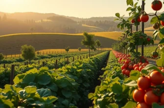 A serene landscape featuring organic vegetation and fruits growing in a sunlit environment.