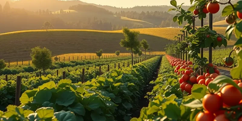 A serene landscape featuring organic vegetation and fruits growing in a sunlit environment.