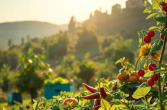 A peaceful landscape highlighting organic fruits and vegetables under warm sunlight.