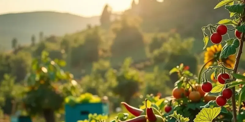 A peaceful landscape highlighting organic fruits and vegetables under warm sunlight.