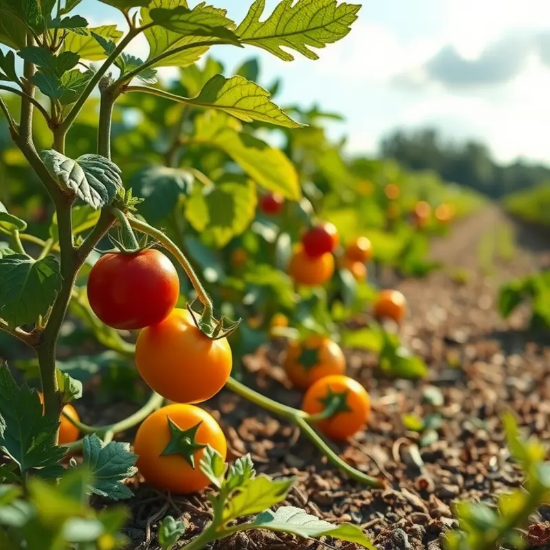 A sunlit field showcasing vibrant organic fruits and vegetables.