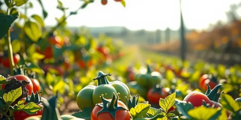 A sunlit field abundant with fresh, organic vegetables and fruits.