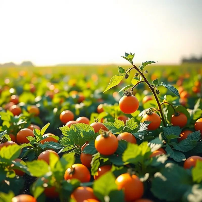 A sunlit field showcasing vibrant organic fruits and vegetables.