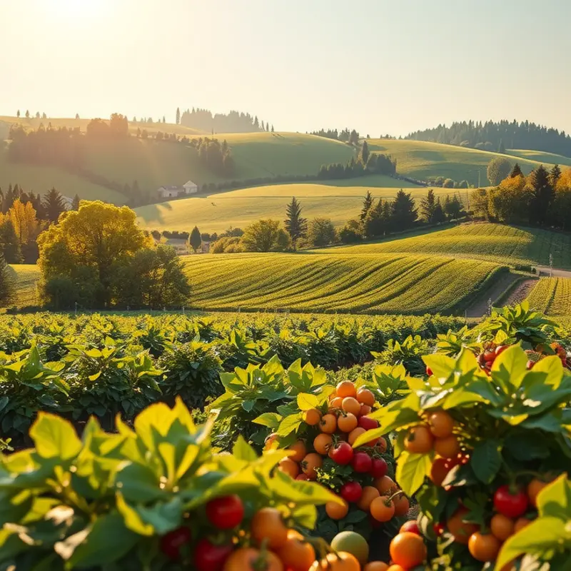A serene sunlit field abundant with organic produce.