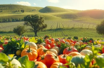 A tranquil landscape showcasing ample organic fruits and vegetables surrounded by green hills.