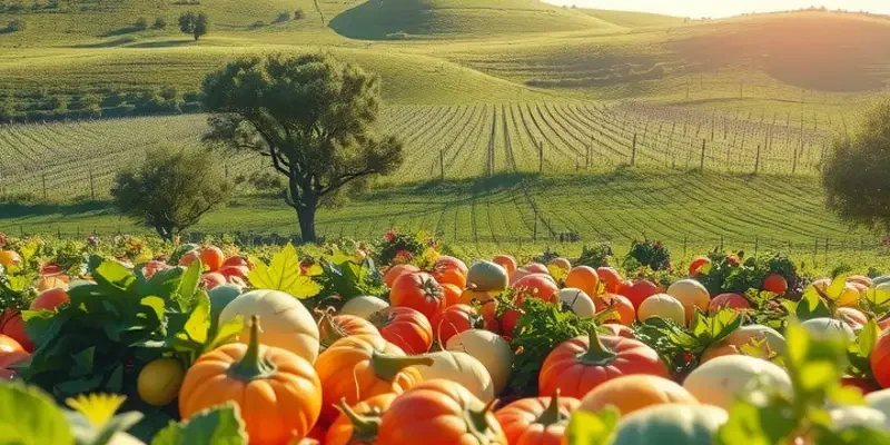 A tranquil landscape showcasing ample organic fruits and vegetables surrounded by green hills.