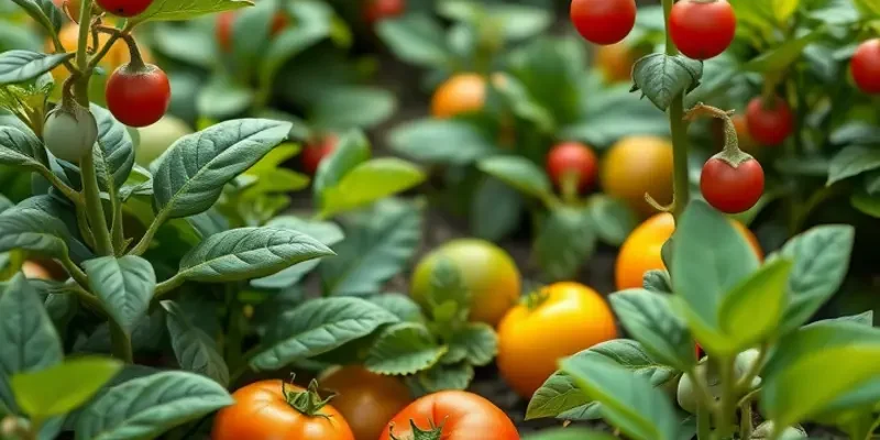 Lush, sunlit landscape rich in organic fruits and vegetables, reflecting natural beauty and freshness.