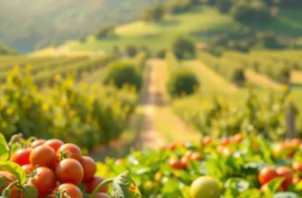 A scenic view of an orchard filled with healthy crops and vibrant vegetables in natural sunlight.