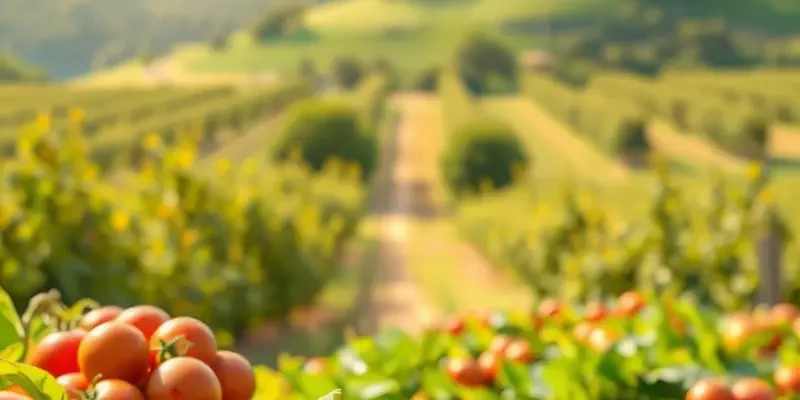 A scenic view of an orchard filled with healthy crops and vibrant vegetables in natural sunlight.