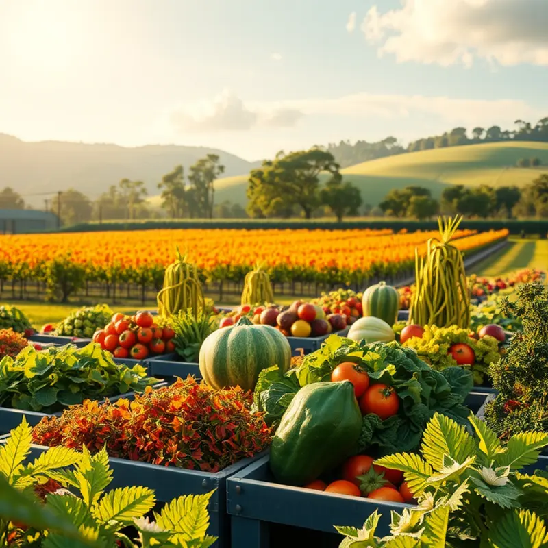 A sunlit field bursting with organic fruits and vegetables, representing the essence of healthy eating.