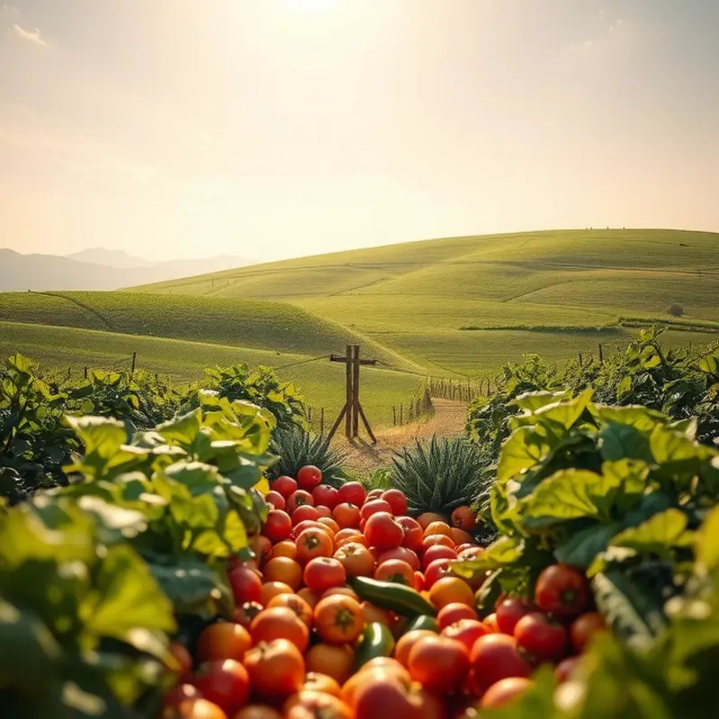 A serene sunlit landscape showcasing abundant organic produce.