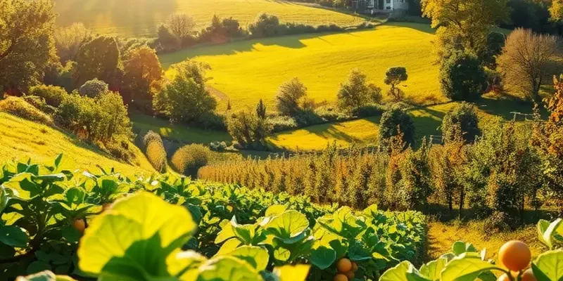 Photorealistic landscape depicting a lush organic field filled with fruits and vegetables.