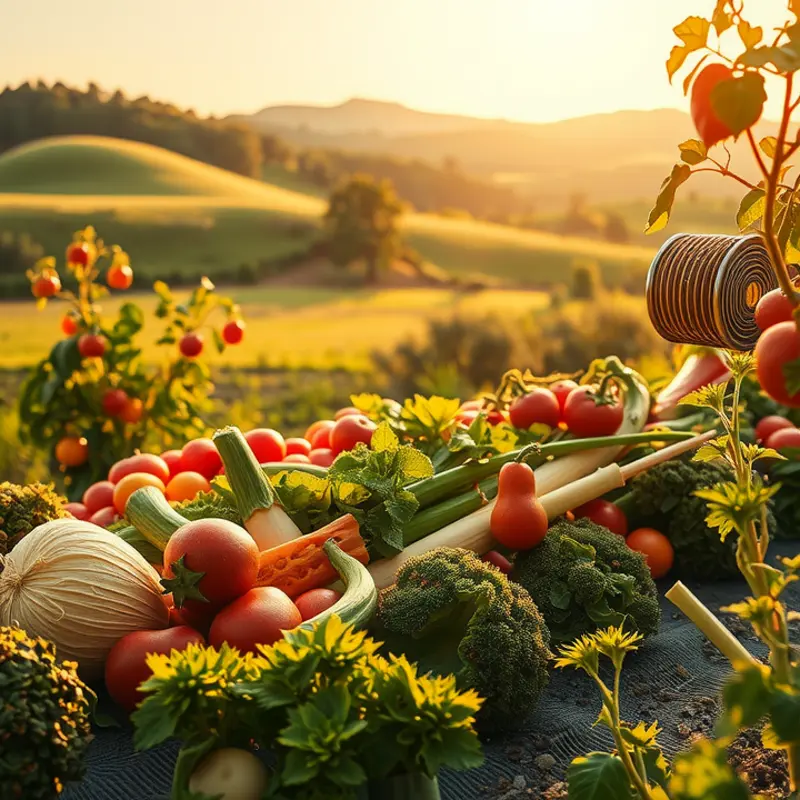 A serene sunlit landscape showcasing abundant organic produce.
