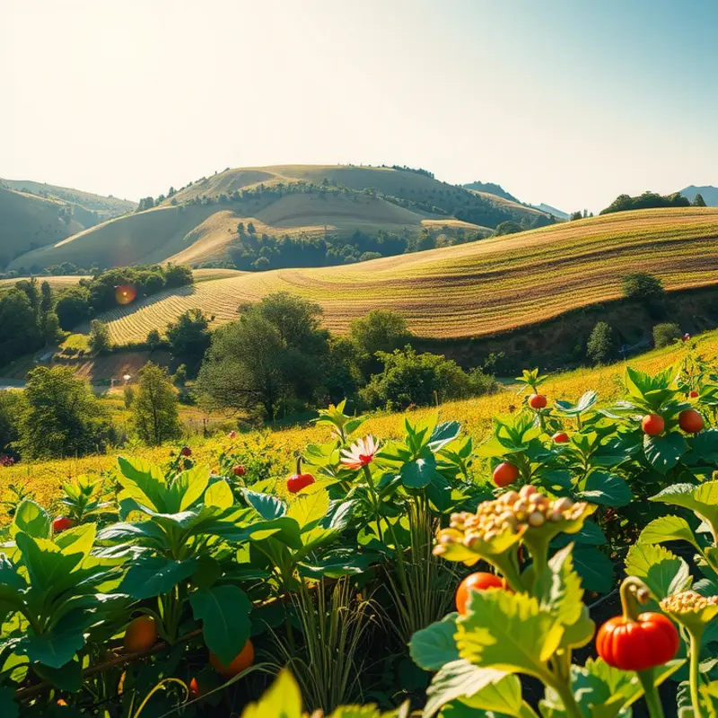 A vibrant sunlit field showcasing an abundance of organic vegetables and fruits.