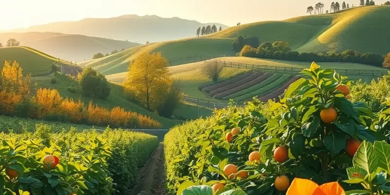 A vibrant landscape of fruits and vegetables in a natural setting.
