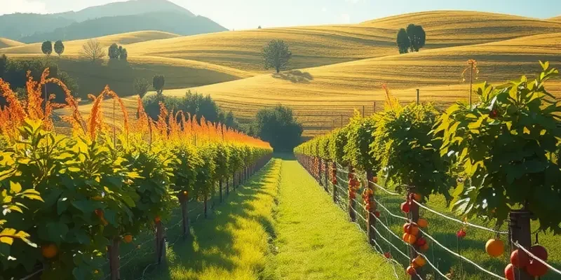 Photorealistic landscape of organic produce in a natural setting.