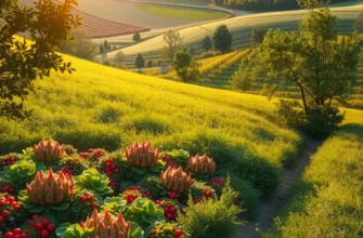 A scenic landscape featuring organic produce thriving in natural sunlight.