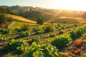 Lush green landscape showcasing organic vegetables and fruits under soft sunlight.