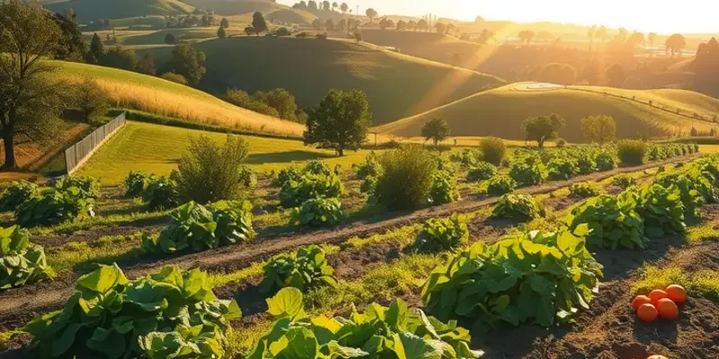 Lush green landscape showcasing organic vegetables and fruits under soft sunlight.