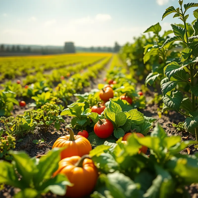 A vibrant and organic landscape depicting fresh vegetables and fruits in a sunlit field.