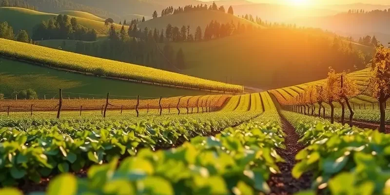 A rich landscape showcasing an abundance of vibrant vegetables and fruits in a natural setting.