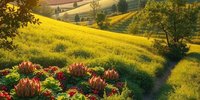 A scenic landscape featuring organic produce thriving in natural sunlight.