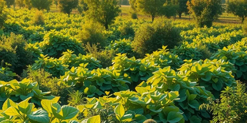 A photorealistic landscape showcasing an orchard with vibrant fruits and vegetables growing in a natural setting.