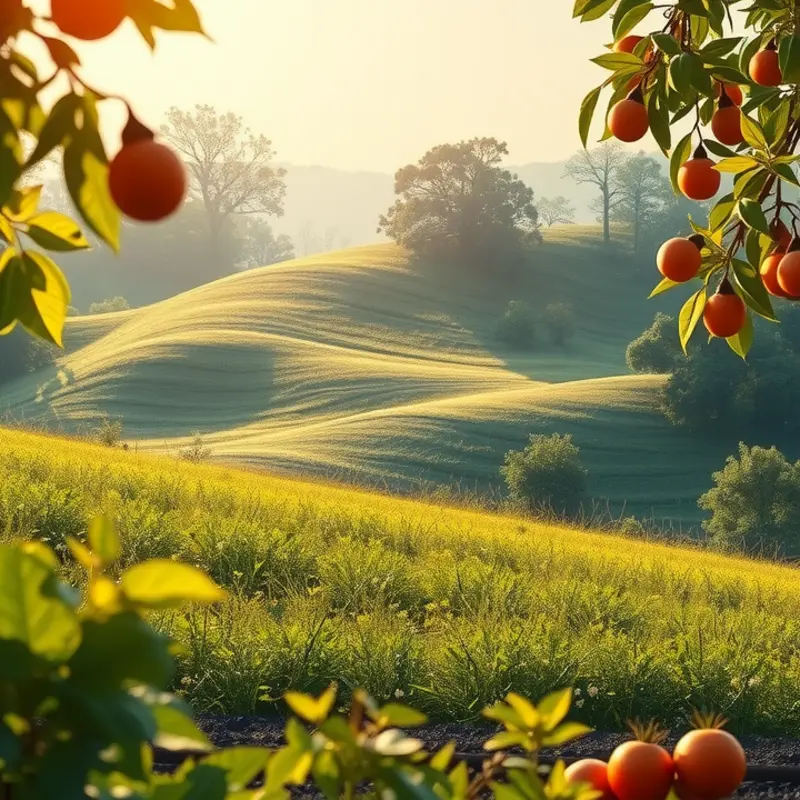 A serene landscape depicting fresh, vibrant produce growing abundantly in nature.