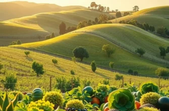A scenic landscape of organic fruits and vegetables in a natural setting.