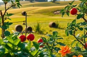 A lush landscape filled with colorful organic vegetables and fruits under soft sunlight, symbolizing healthy nutrition.