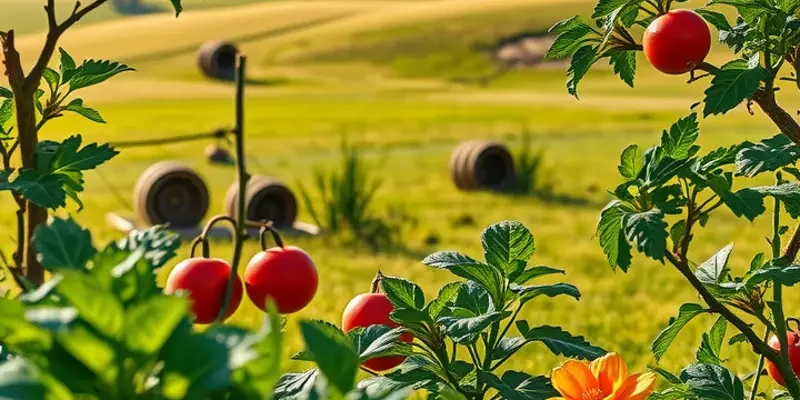 A lush landscape filled with colorful organic vegetables and fruits under soft sunlight, symbolizing healthy nutrition.