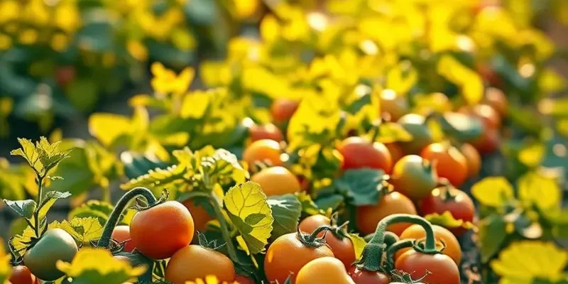 A sunlit field filled with vibrant vegetables and fruits, showcasing an abundance of organic produce.
