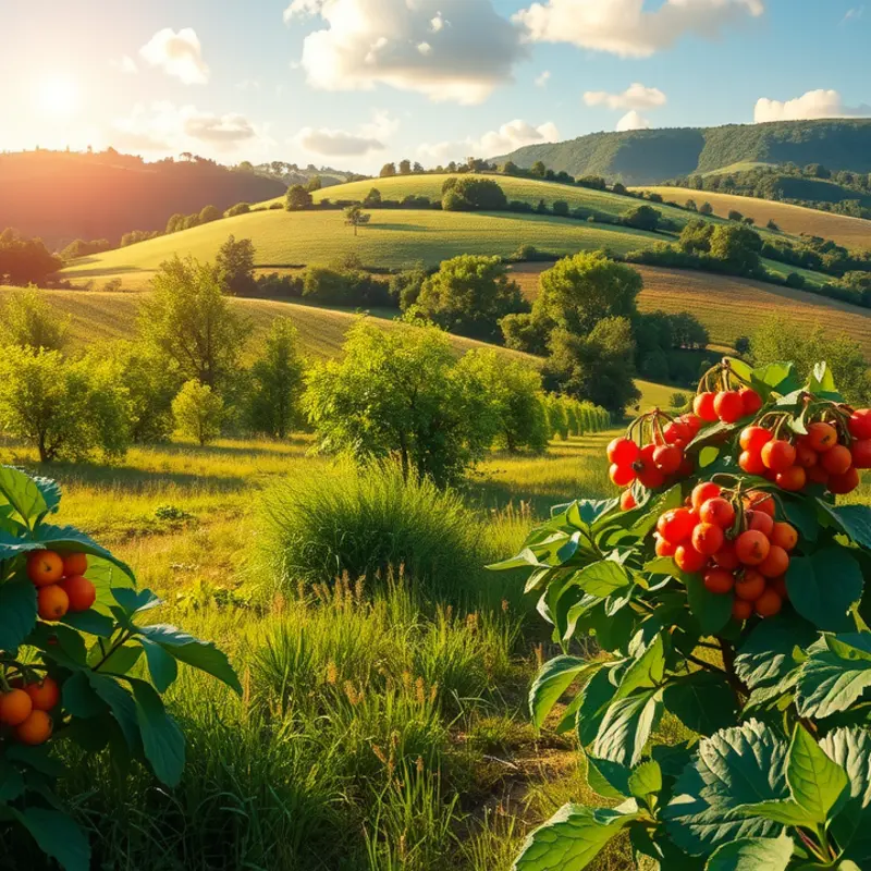 A sunlit field showcasing fresh organic produce, highlighting ingredients often found in European sandwiches.