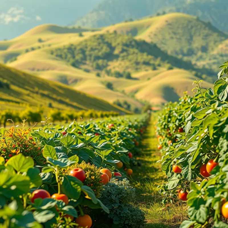 An idyllic orchard with ripe vegetables and fruits, symbolizing abundance in meal planning.