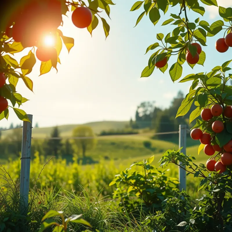 A sunlit orchard filled with vibrant vegetables and fruits.