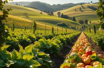 A beautiful organic landscape filled with colorful spices and herbs under warm sunlight.
