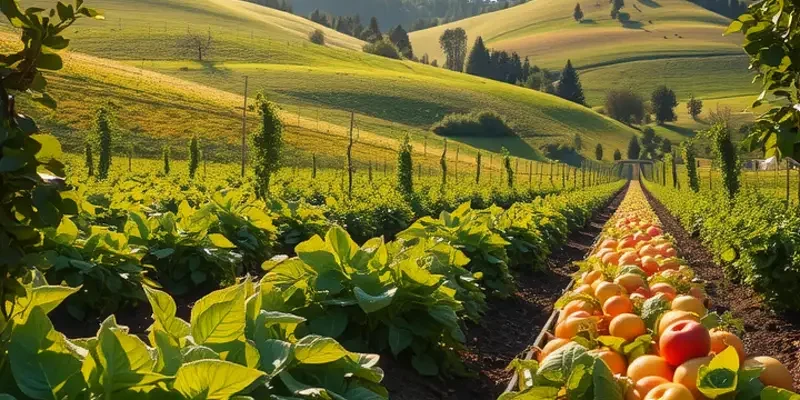 A beautiful organic landscape filled with colorful spices and herbs under warm sunlight.