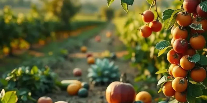A scenic view of a landscape overflowing with vibrant fruits and vegetables, symbolizing the abundance of organic nutrition.