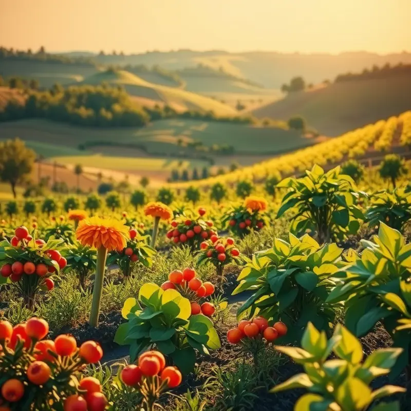 A sunlit field abundant with fresh vegetables and fruits, highlighting nature’s bountiful produce.