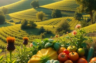 A vibrant orchard filled with healthy fruits and vegetables in a natural landscape.