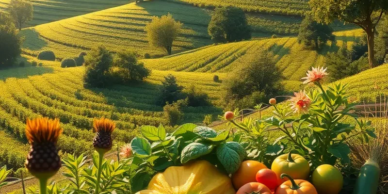 A vibrant orchard filled with healthy fruits and vegetables in a natural landscape.