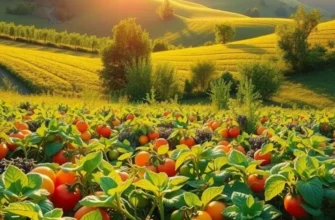 A scenic depiction of a sunlit field filled with fresh vegetables and fruits, showcasing the natural sources of noodle ingredients.