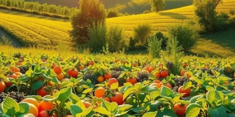 A scenic depiction of a sunlit field filled with fresh vegetables and fruits, showcasing the natural sources of noodle ingredients.