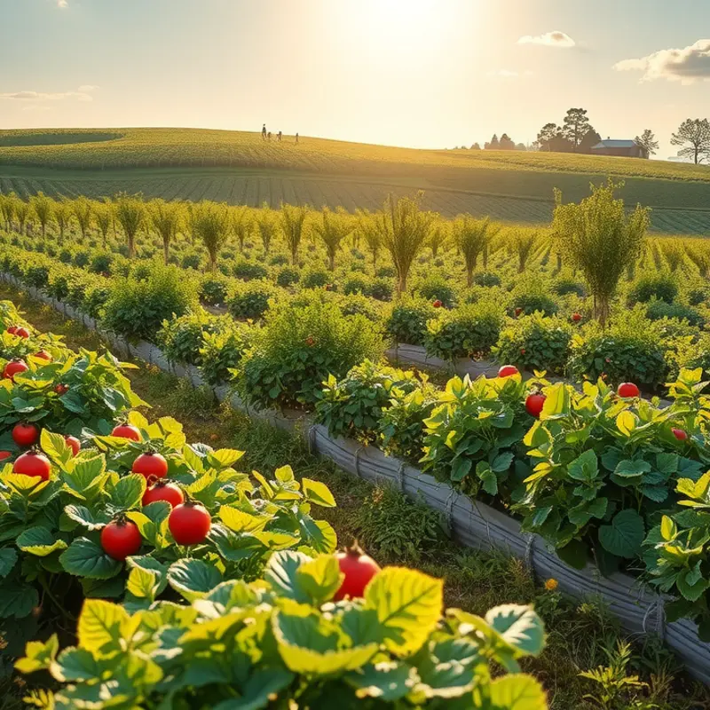 A beautiful sunlit orchard showcasing vibrant fruits and vegetables.