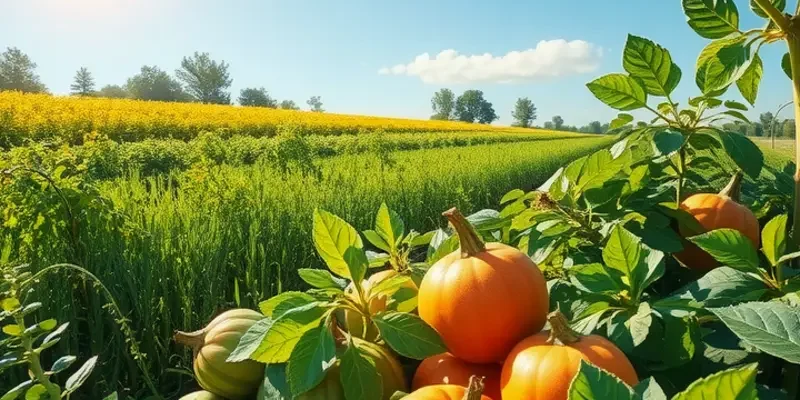 A beautiful landscape showcasing a sunlit field of abundant organic vegetables and fruits, promoting healthy eating.